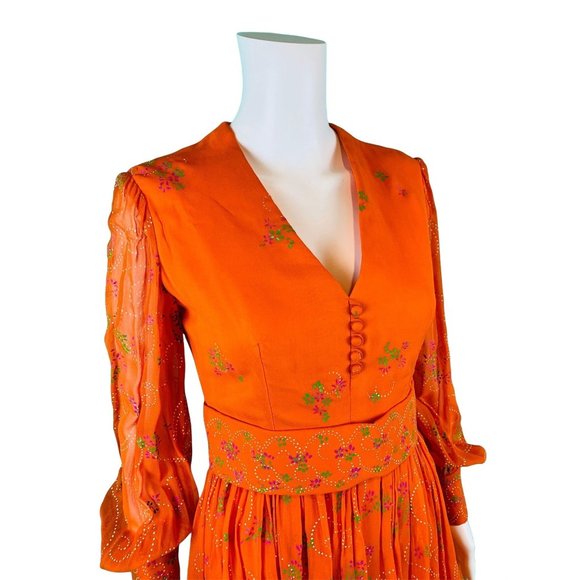 Vintage 1960s Cocktail Dress Orange Sheer Sleeves Hand Painted Floral Dolly - Picture 5 of 10